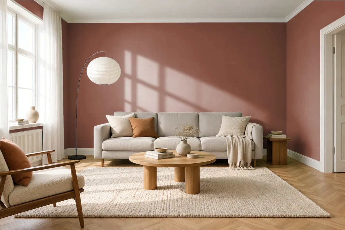 Краска PANTONE 1815 C — гостиная в скандинавском стиле