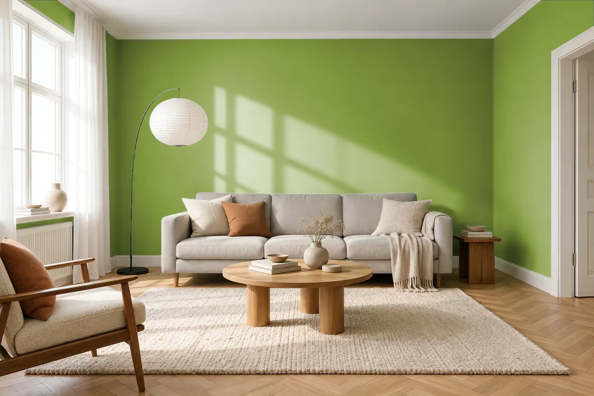 Краска PANTONE 377 C — гостиная в скандинавском стиле