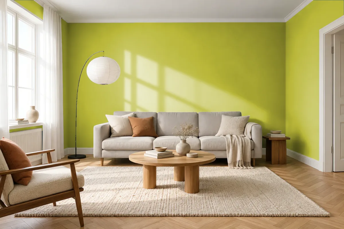 Краска PANTONE 583 C — гостиная в скандинавском стиле